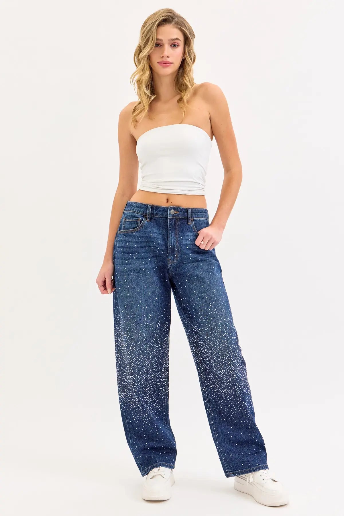 Mid Waist Embellished Barrel Jeans