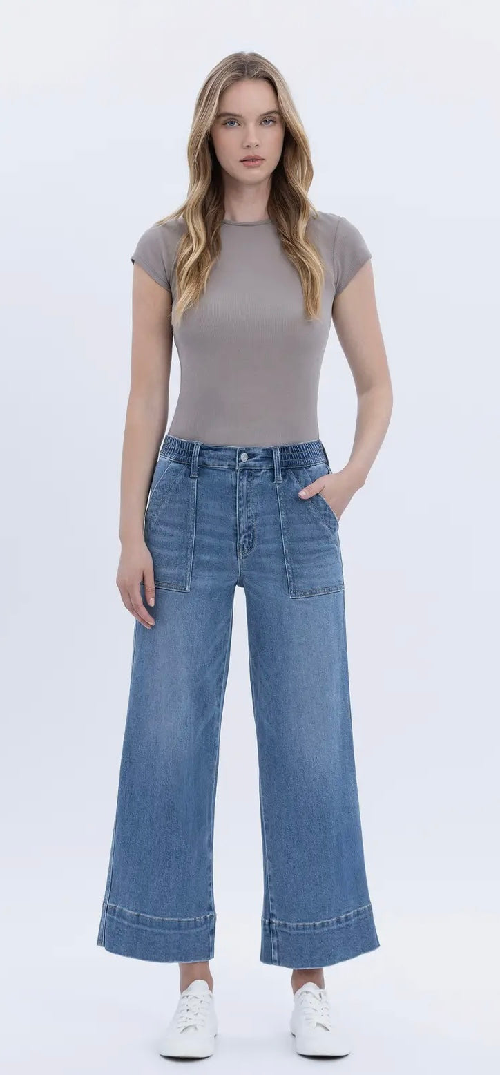 High Rise Elastic Waistband Wide Leg Jeans