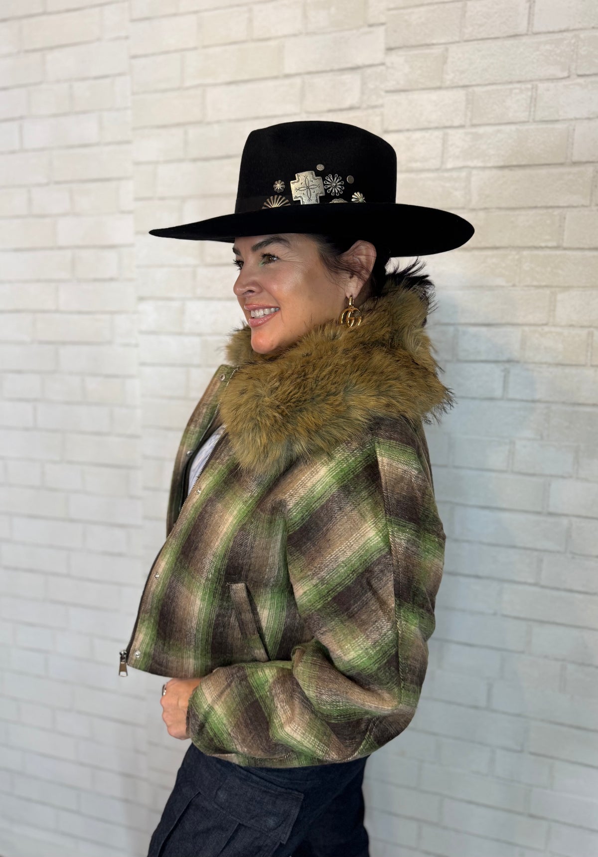 Faux Fur Plaid Crop Jacket