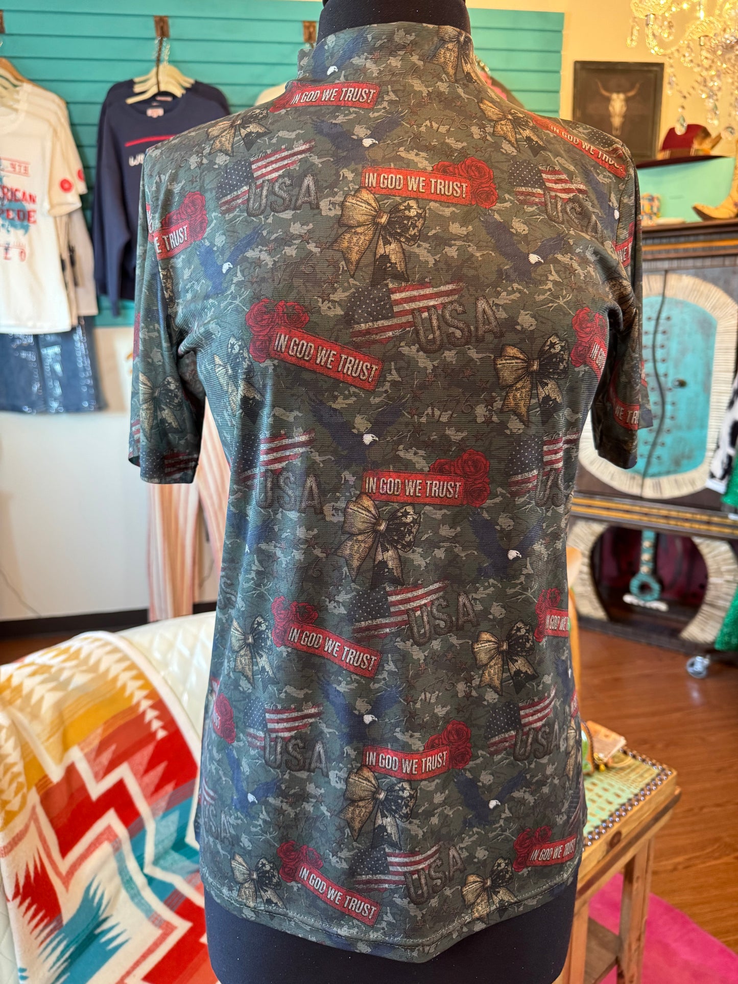 In GOD We Trust Short Sleeve Mesh Top