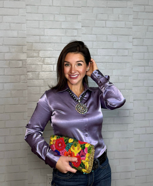 Lilac Soft Satin Pullover Button Up
