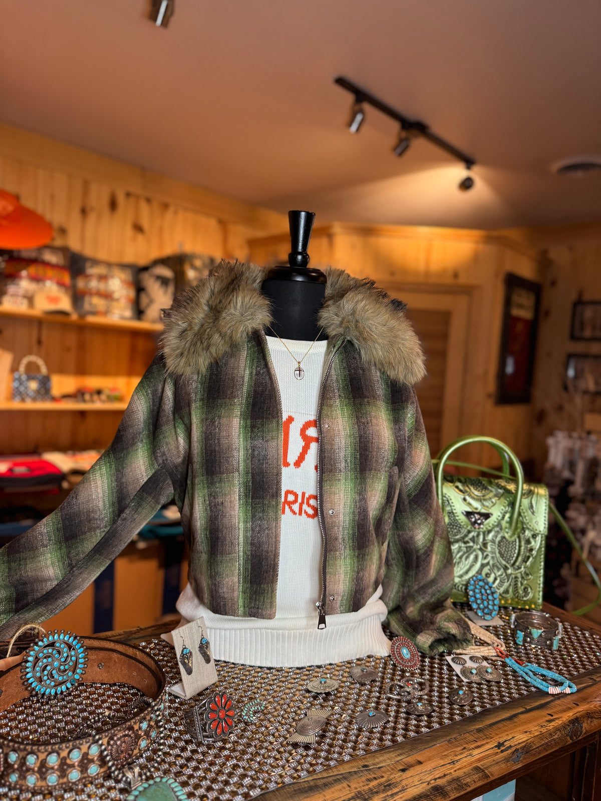 Faux Fur Plaid Crop Jacket