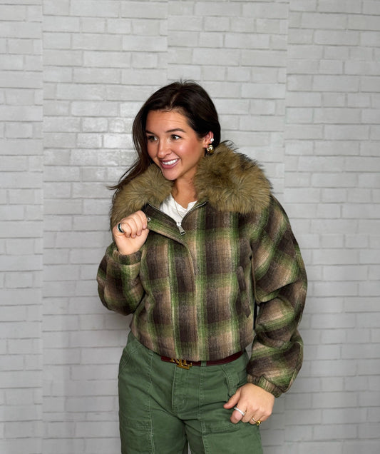 Faux Fur Plaid Crop Jacket