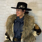 Faux Fur Shawl Collar Cow Pattern Coat
