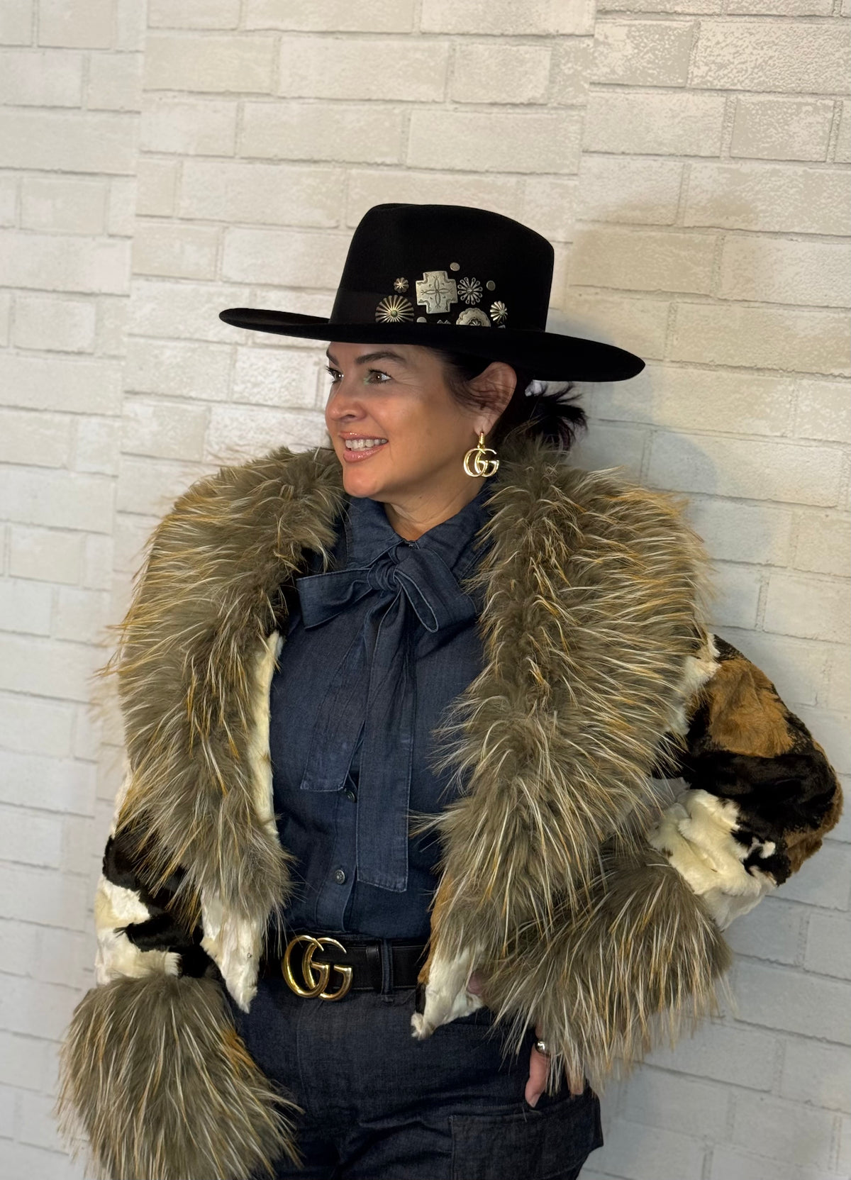 Faux Fur Shawl Collar Cow Pattern Coat