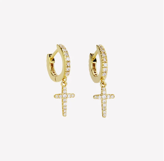 LUMINOUS PAVÉ CROSS HUGGIE HOOP EARRINGS