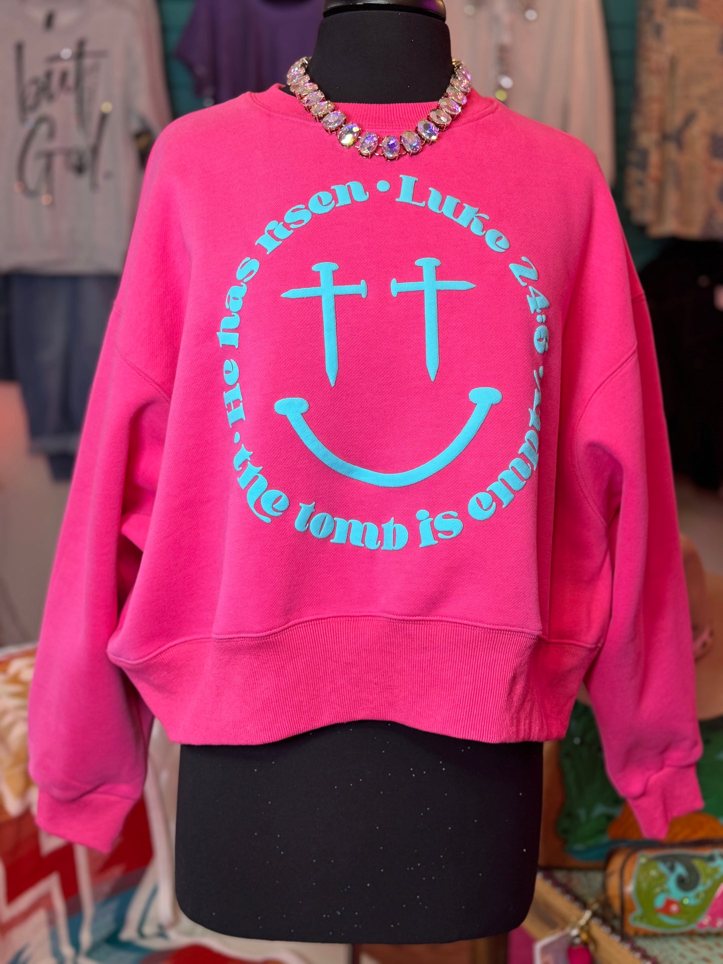 Luke 24:6 Nail Smiley Crop Sweatshirt