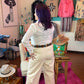 Boot Stitch Embroidered White Top w/Turquoise Snaps
