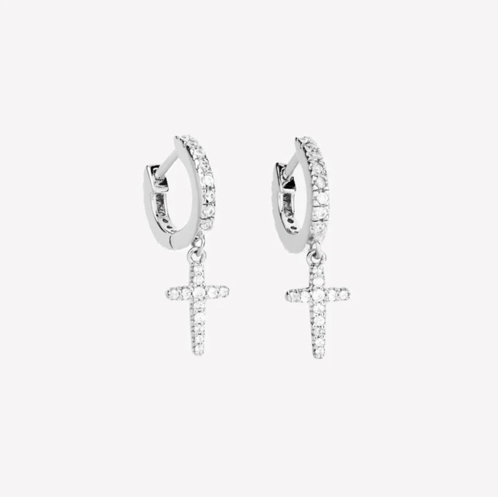 LUMINOUS PAVÉ CROSS HUGGIE HOOP EARRINGS
