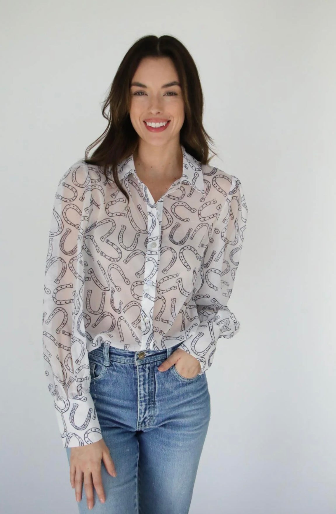 Sheer Chiffon Horseshoe Print Blouse