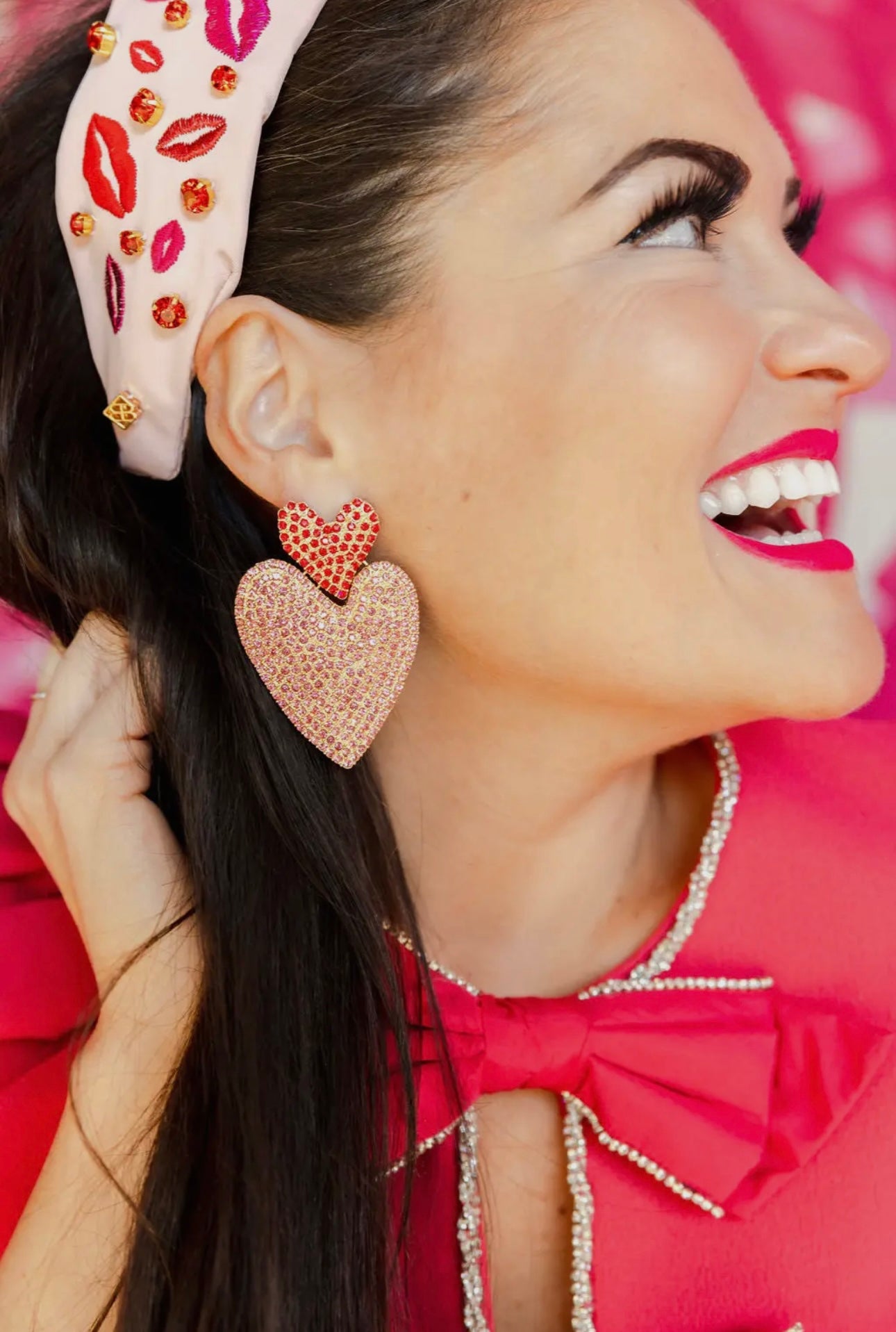 Red & Pink Double Drop Heart Crystal Earrings
