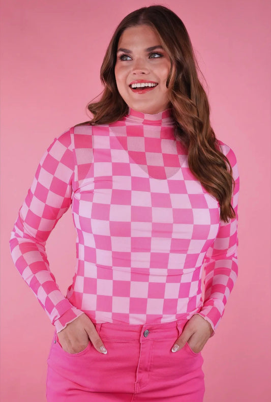 Bubblegum Pink Checkered Mesh Top