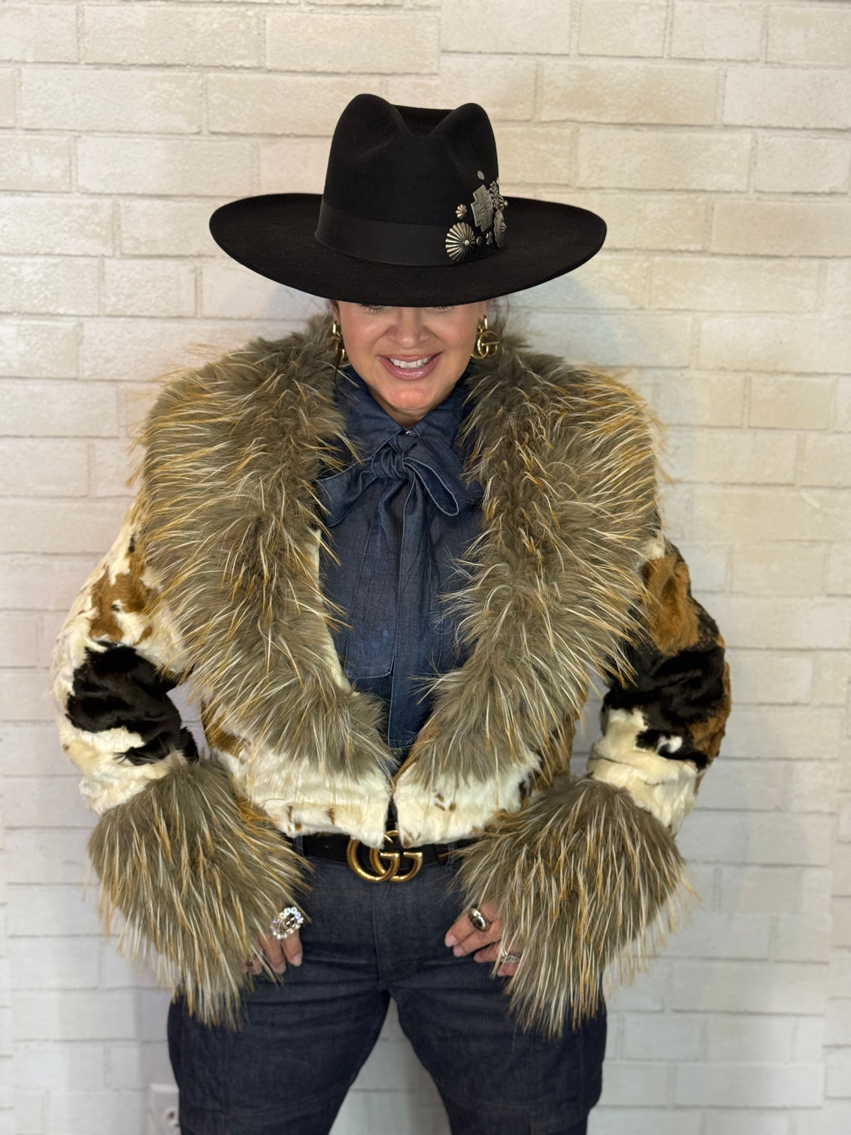 Faux Fur Shawl Collar Cow Pattern Coat