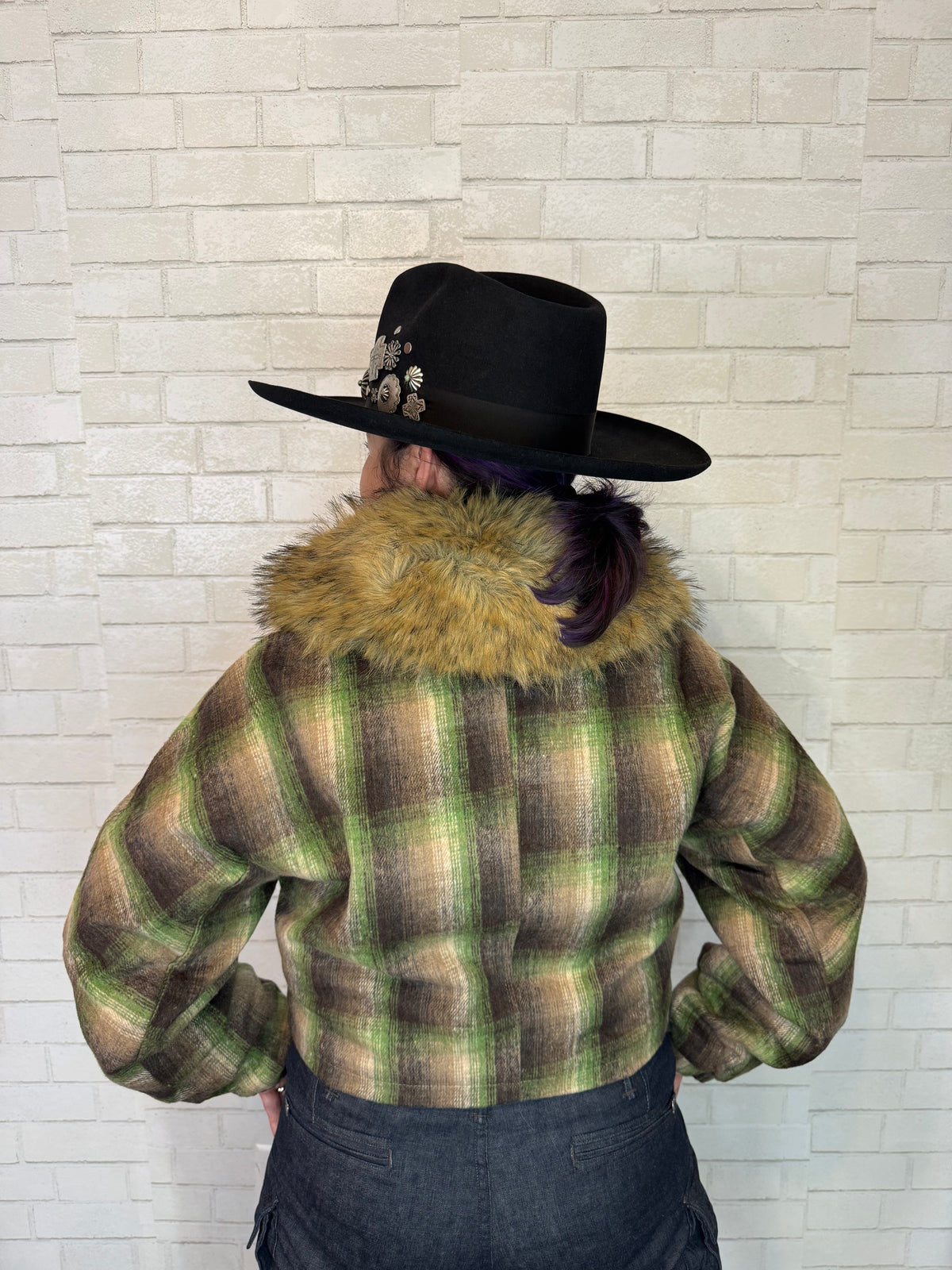 Faux Fur Plaid Crop Jacket