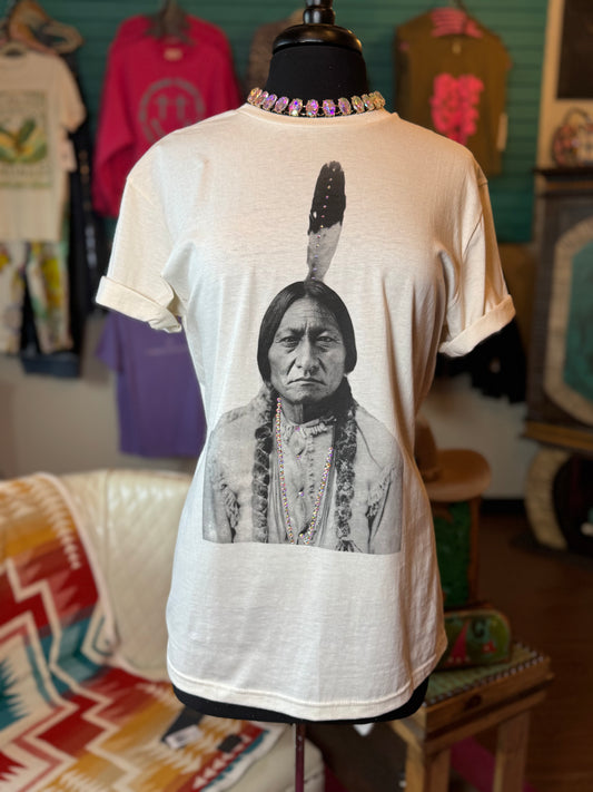 Black & White Sitting Bull Graphic Tee W/Stones