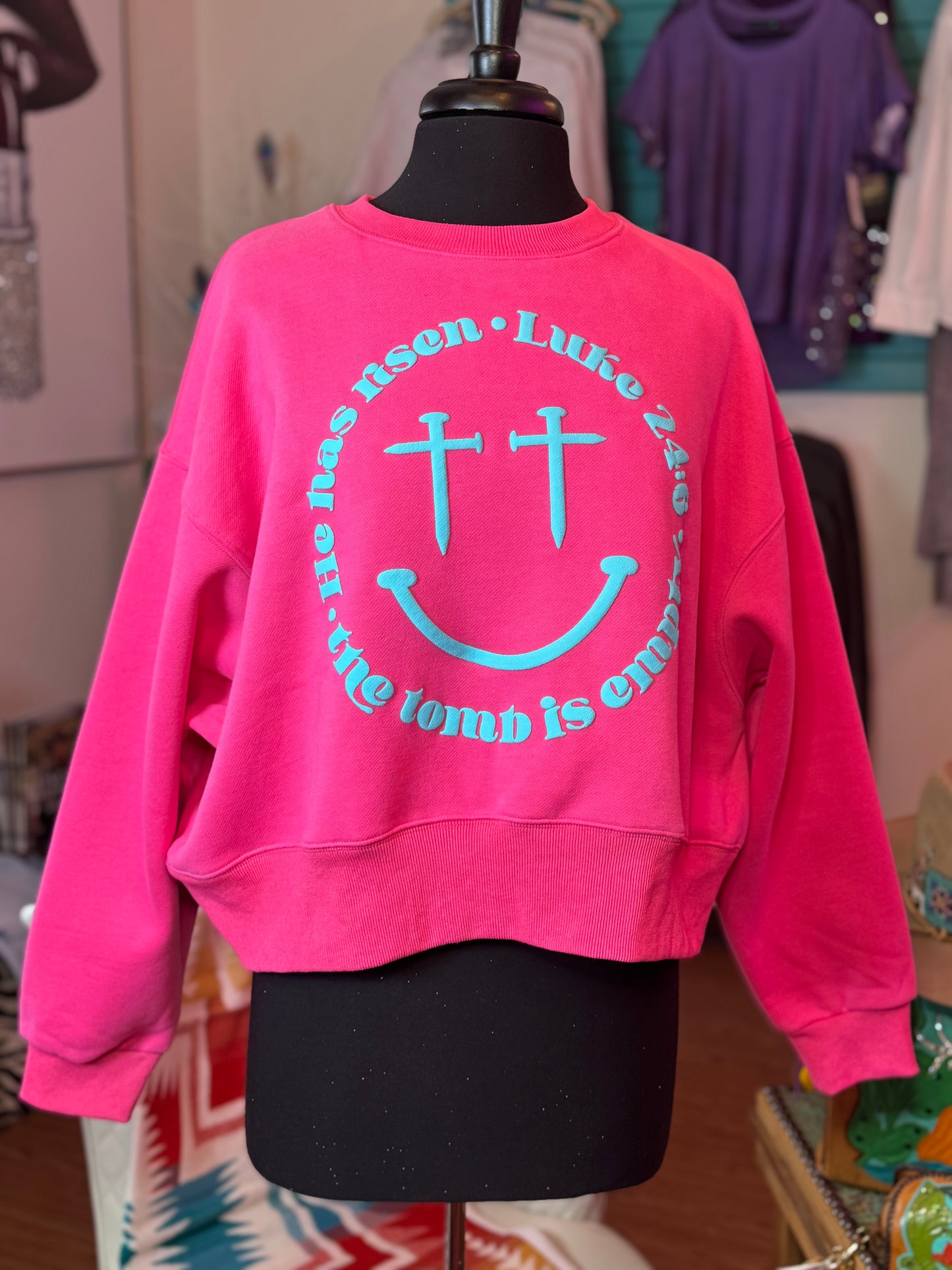 Luke 24:6 Nail Smiley Crop Sweatshirt