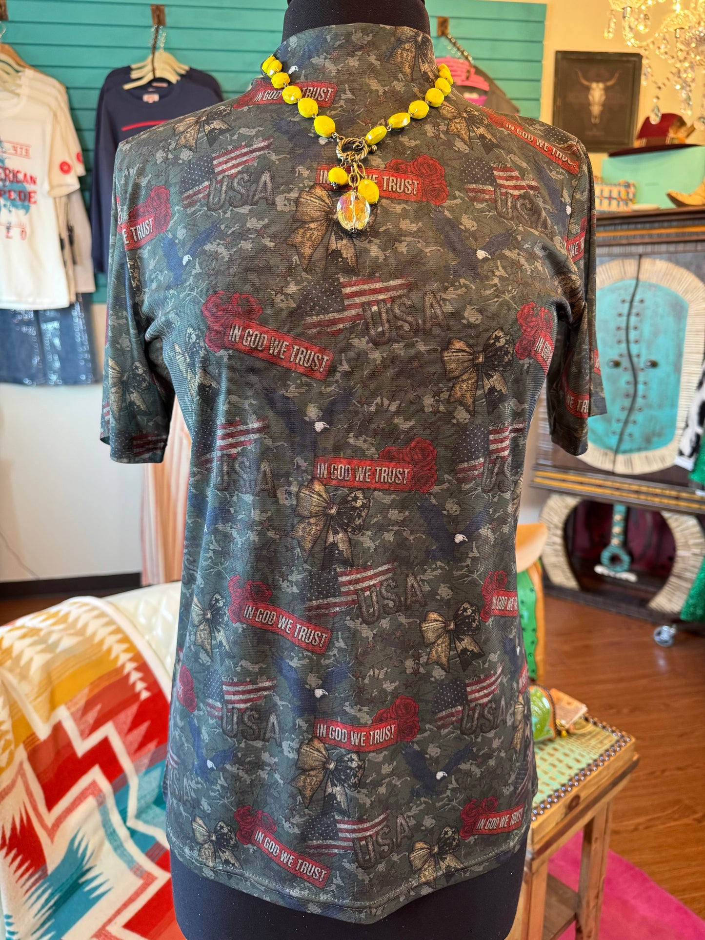 In GOD We Trust Short Sleeve Mesh Top