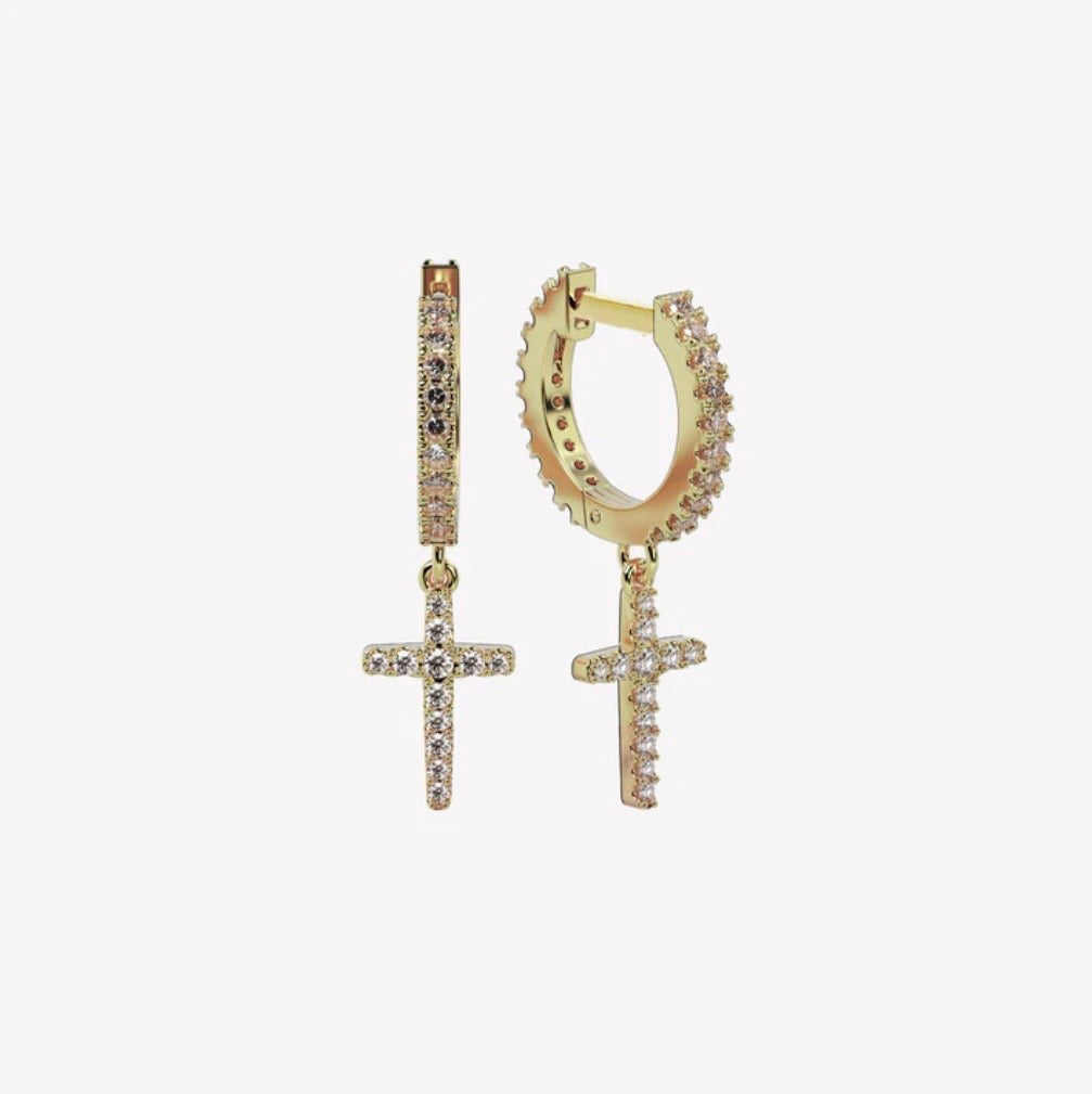 LUMINOUS PAVÉ CROSS HUGGIE HOOP EARRINGS