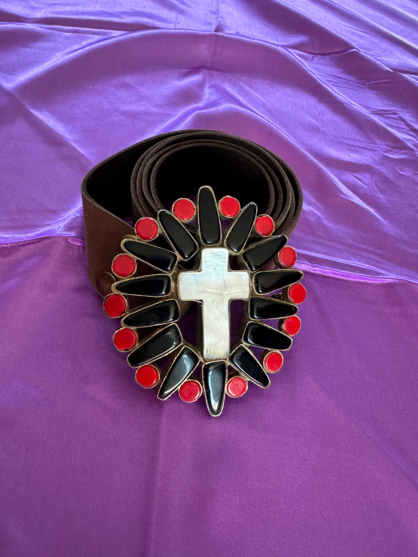Black Onyx, Coral & Mother of Pearl Cross Buckle