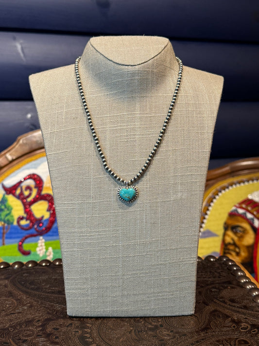 Turquoise Heart Pendant on 4mm Navajo Pearls