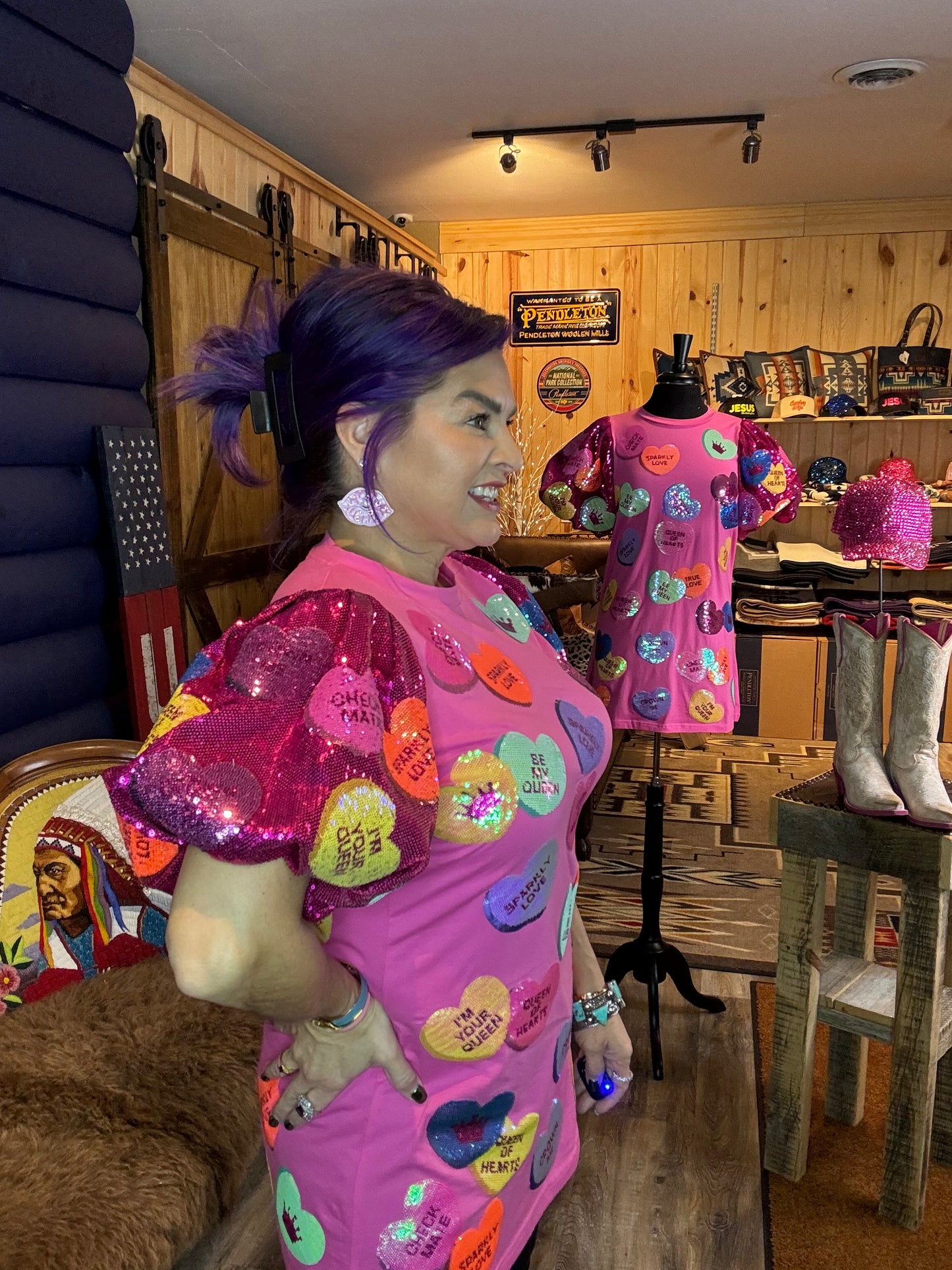 PINK SEQUIN CONVERSATION HEART POOF SLEEVE DRESS