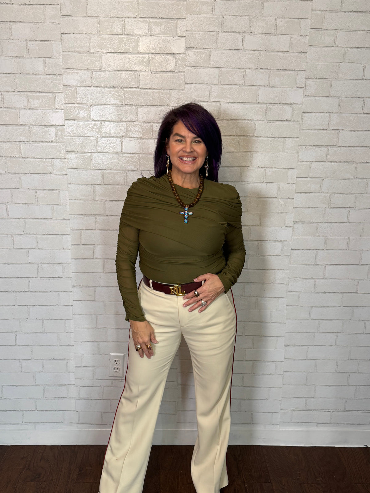 Noemie Power Mesh Double Layer Draped Long Sleeve Top