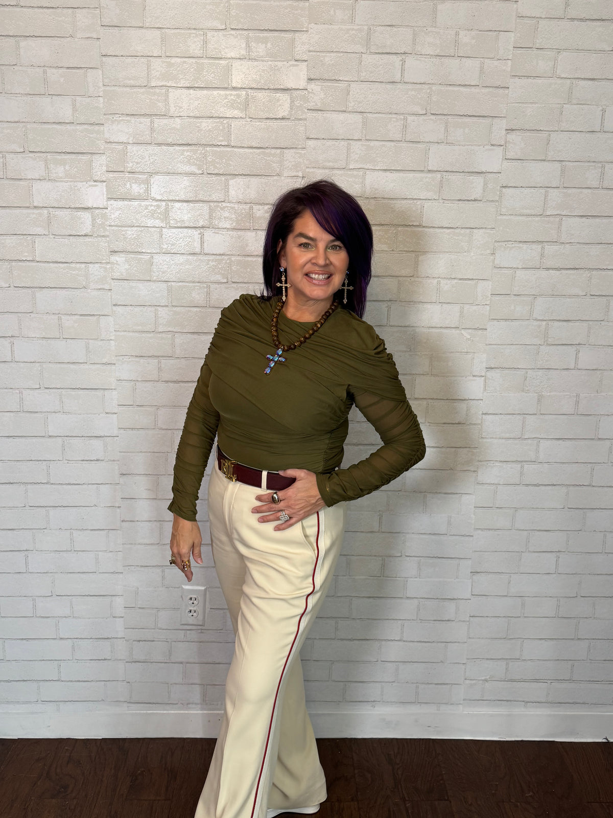 Noemie Power Mesh Double Layer Draped Long Sleeve Top
