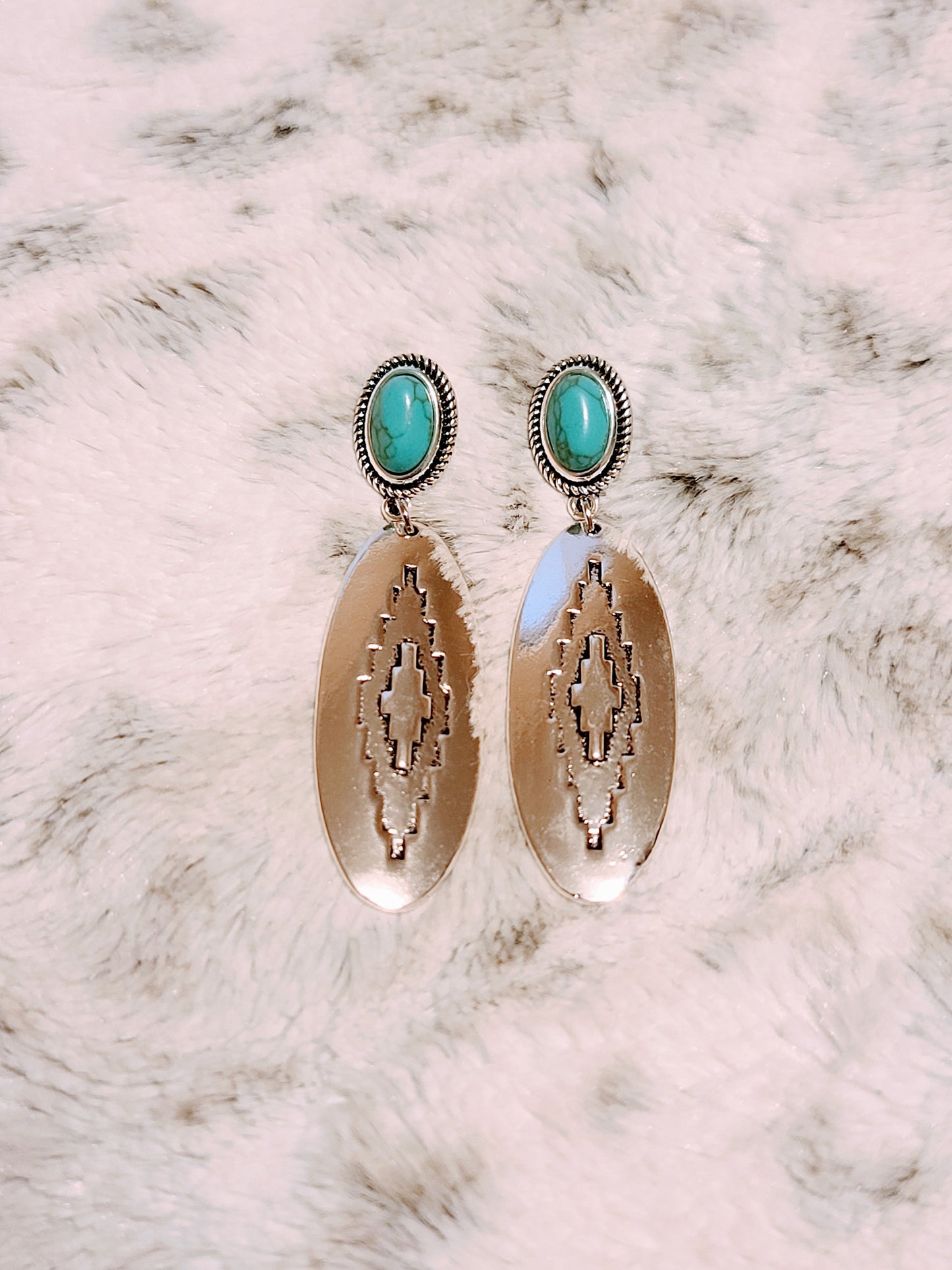Oval Aztec Stamped Earrings on Turquoise Post