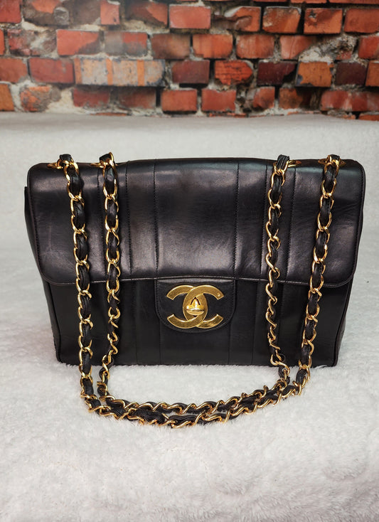 Pre-Loved Chanel Black Vertical Lambskin Flap Jumbo Bag