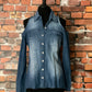 Cold-Shoulder Denim Shirt with Rhinestone Buttons