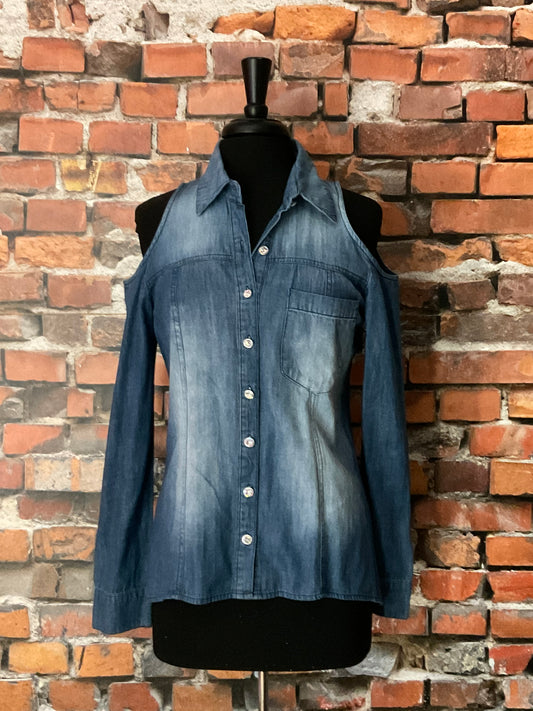 Cold-Shoulder Denim Shirt with Rhinestone Buttons