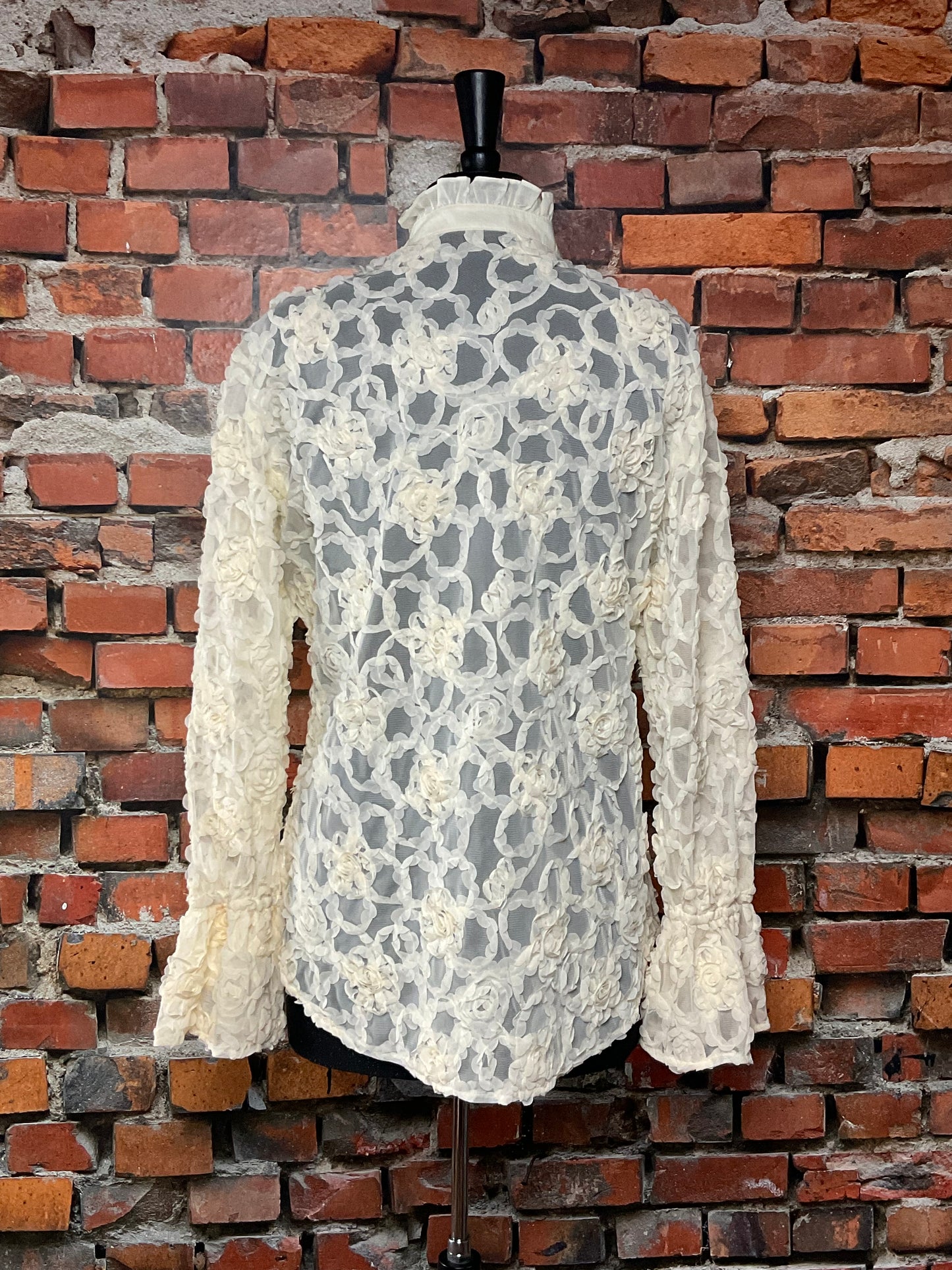 Rose Lace Blouse with Ruffled Collar and Sleeves