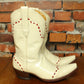 Patent Leather Ivory Boots with Red Stitching