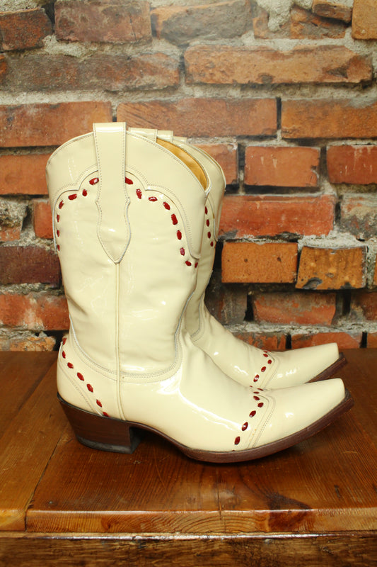 Patent Leather Ivory Boots with Red Stitching