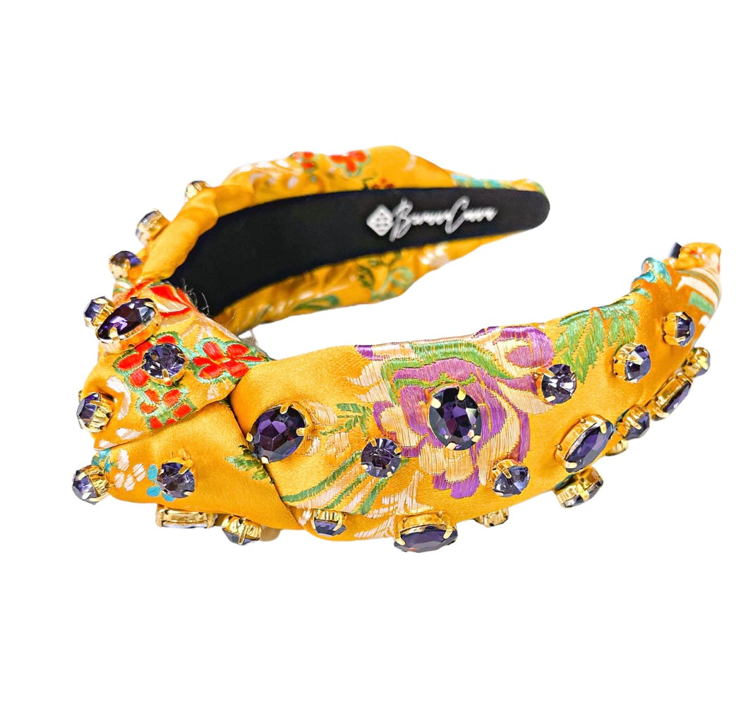 Golden Yellow Silk Floral Headband with Hand-Sewn Crystals