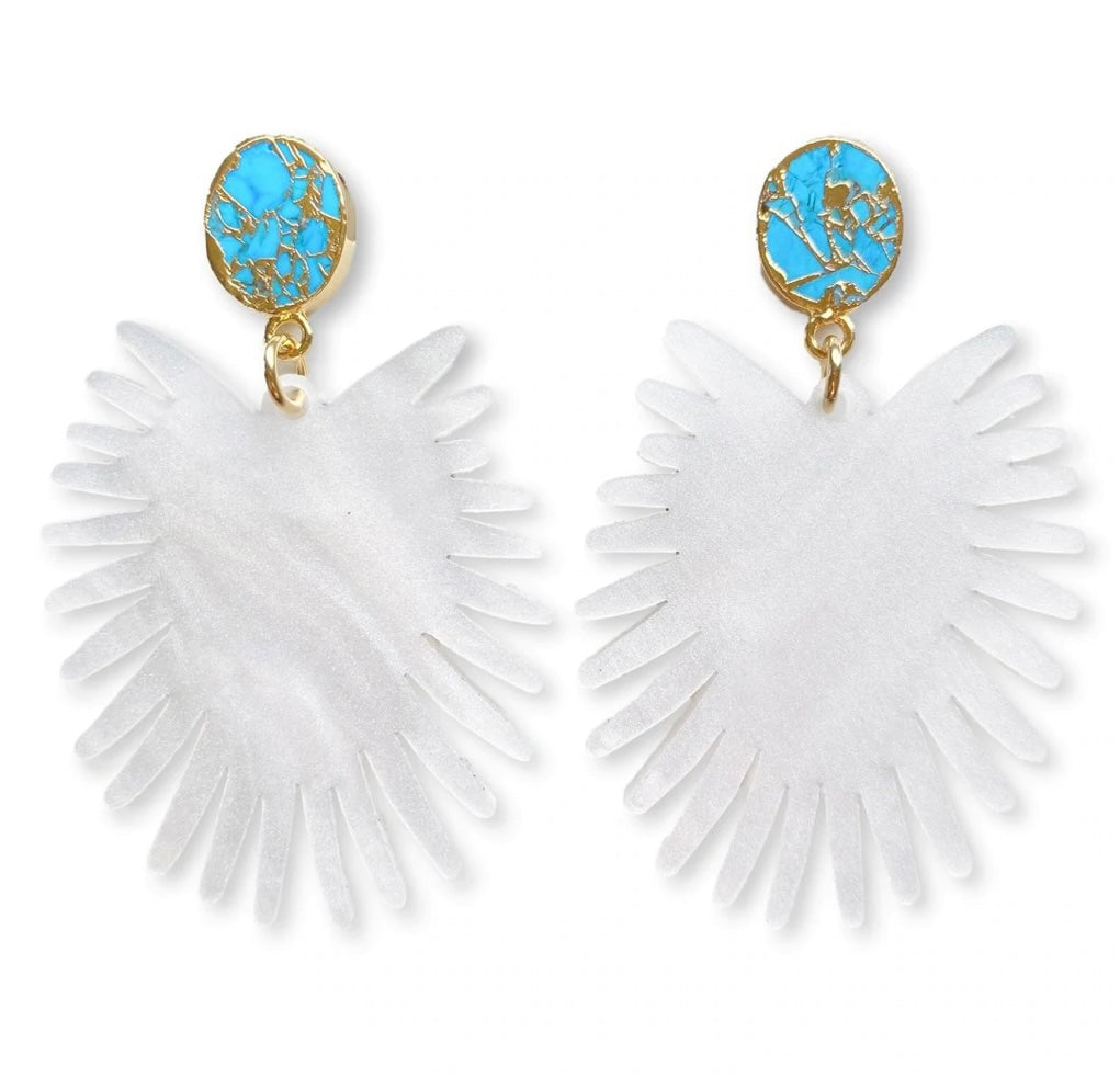 Spray Palm Earrings - White Pearl Acrylic w/gold plated turquoise