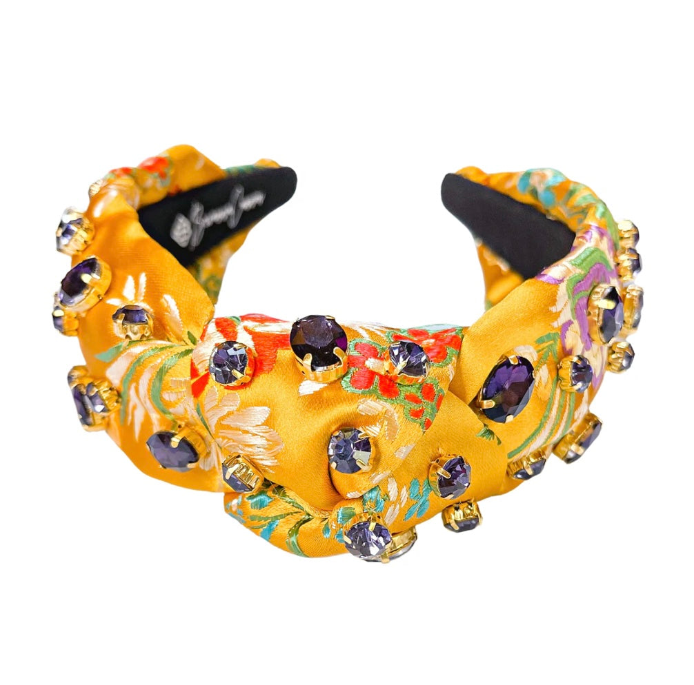 Golden Yellow Silk Floral Headband with Hand-Sewn Crystals